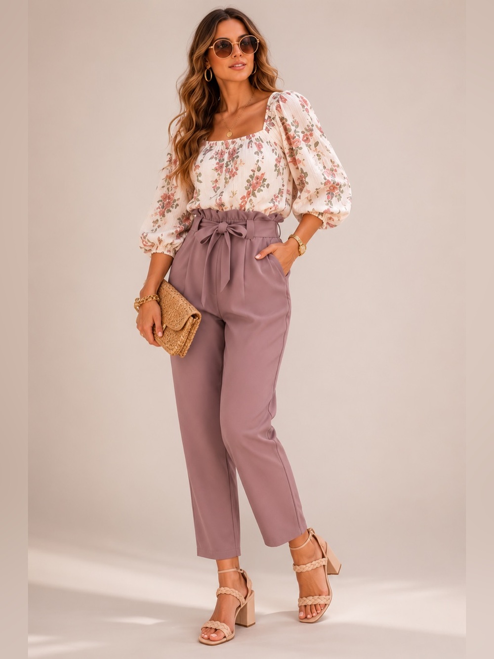 Grace Karin Mauve Tie-Waist Cropped Pants